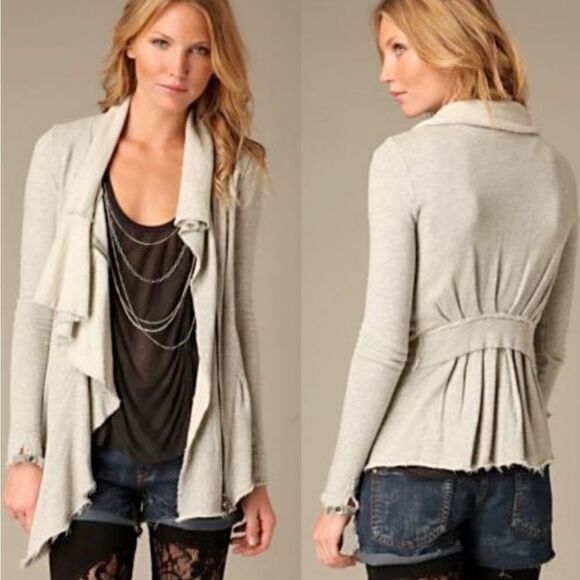 Free People Tops - Free people small top jacket sweatshirt zipper up ruffle distressed grey